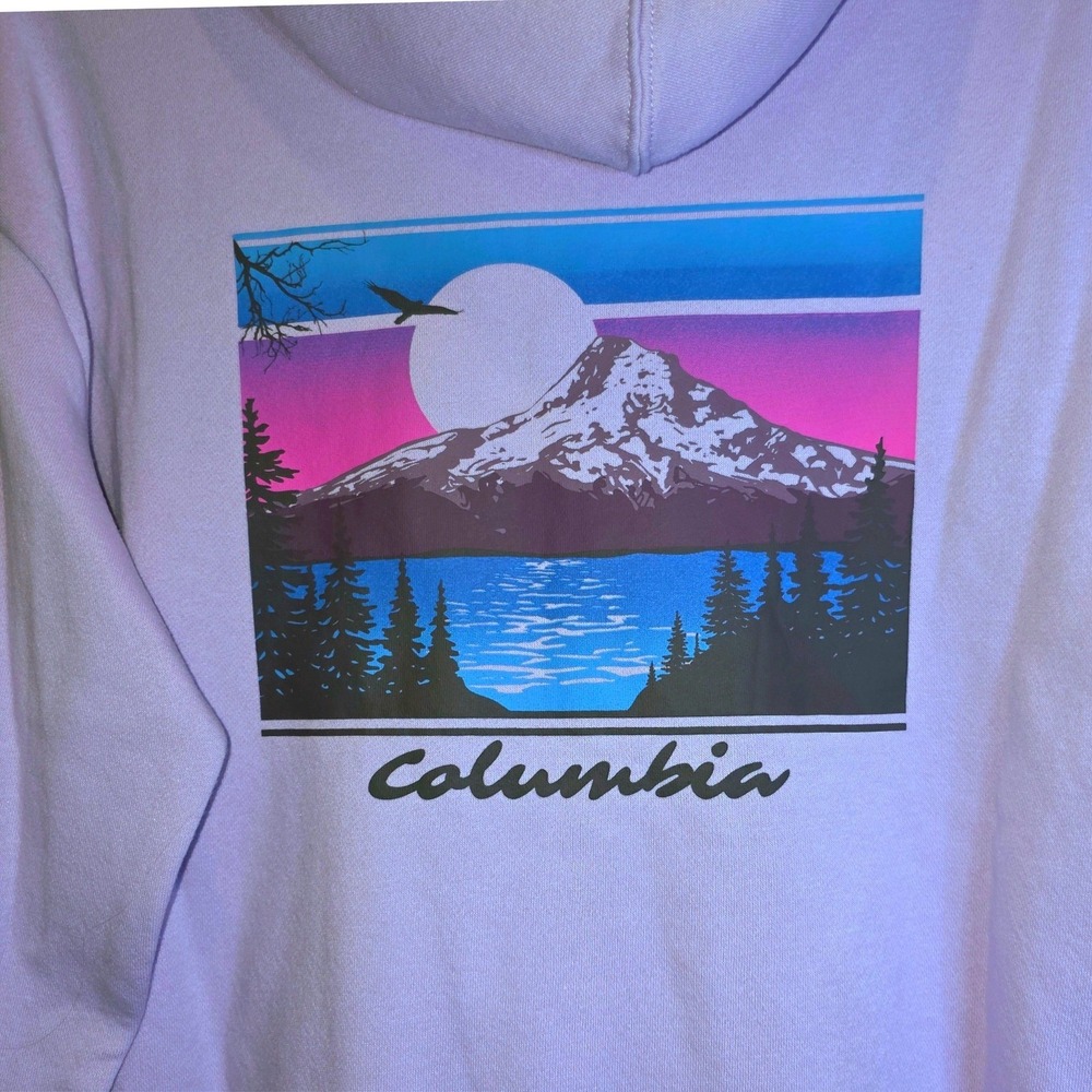 Columbia Hoodie Sweatshirt Pullover Womens Medium Purple‎ Mountain Lake Graphic - Picture 3 of 9